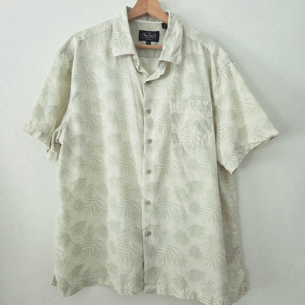 Nat Nast Mens XL Silk Cotton Palm Leaf Print Short Sleeve Button Up Shirt - Picture 2 of 6